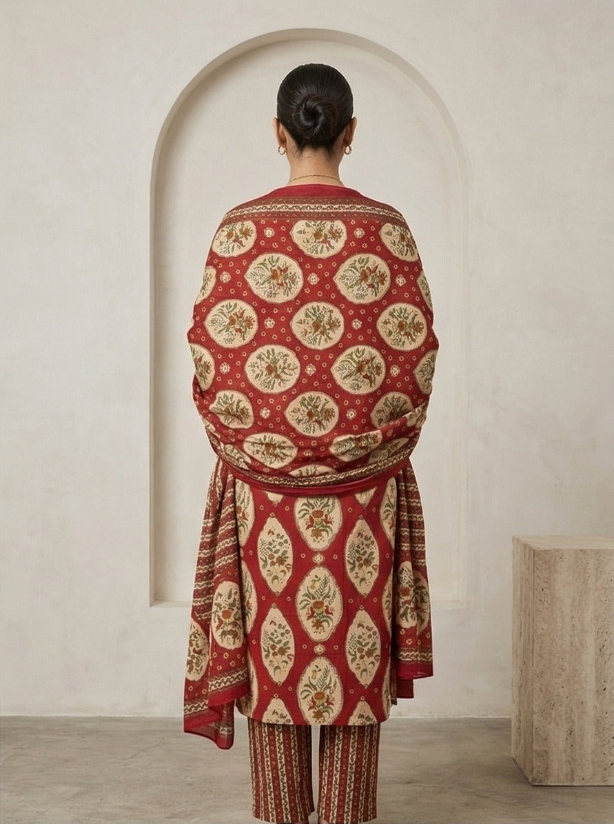 Red Floral Block Print Kurta Set with Dupatta