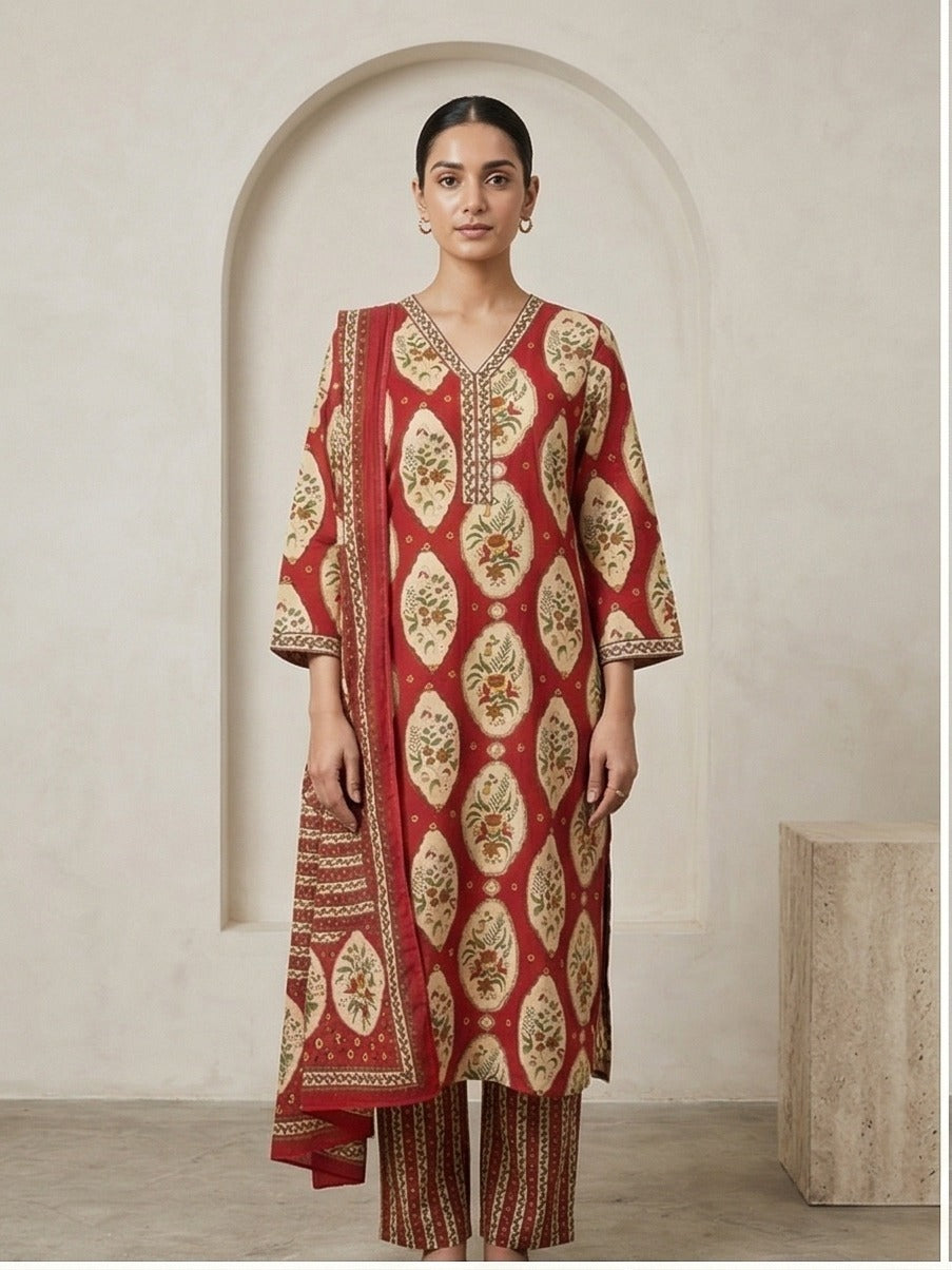 Red Floral Block Print Kurta Set with Dupatta