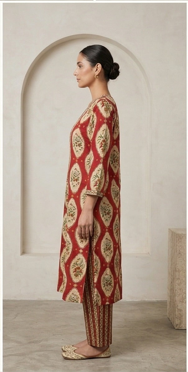 Red Floral Block Print Kurta Set with Dupatta