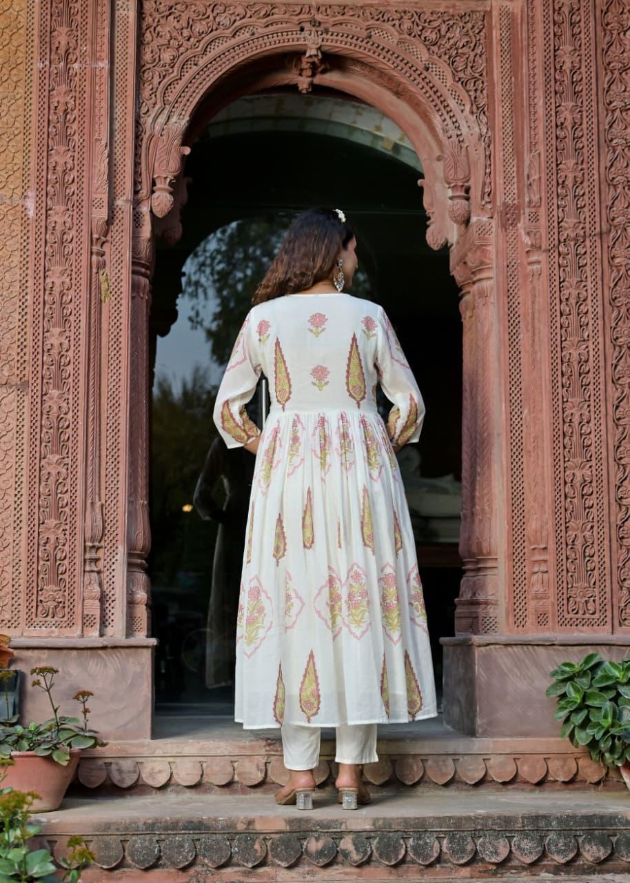 Rust & Ivory Handblock Anarkali Set