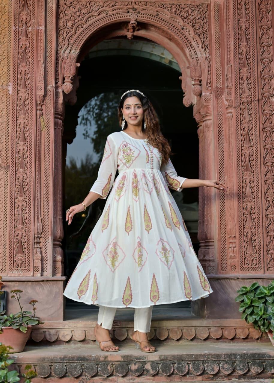 Rust & Ivory Handblock Anarkali Set
