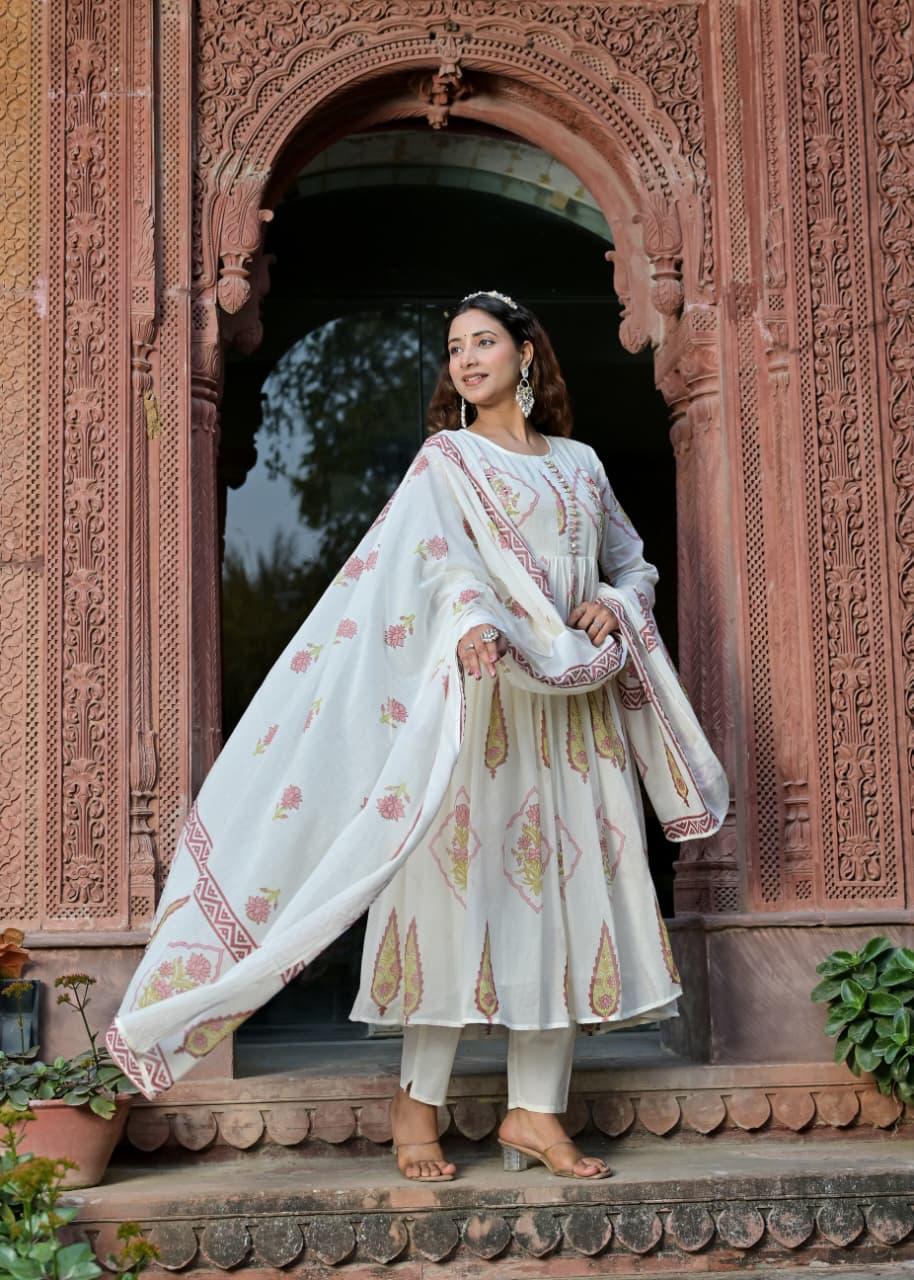 Rust & Ivory Handblock Anarkali Set