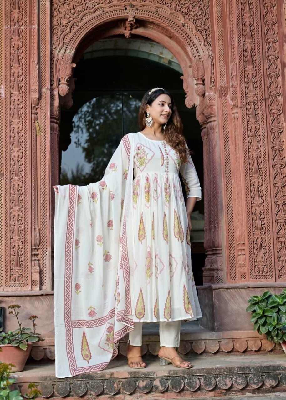 Rust & Ivory Handblock Anarkali Set