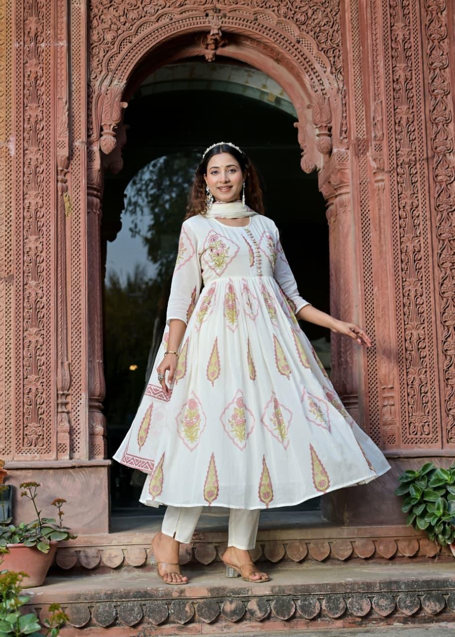 Rust & Ivory Handblock Anarkali Set