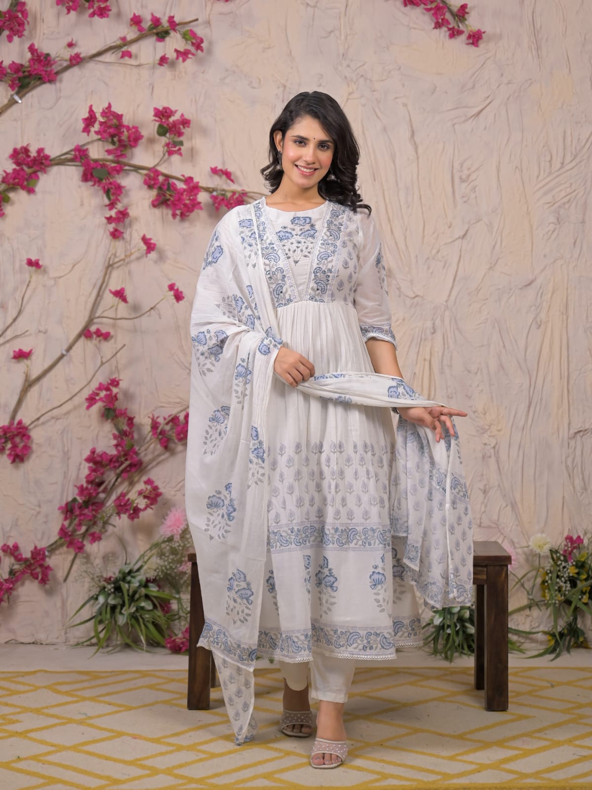 Ethereal Blue Handblock Anarkali Set