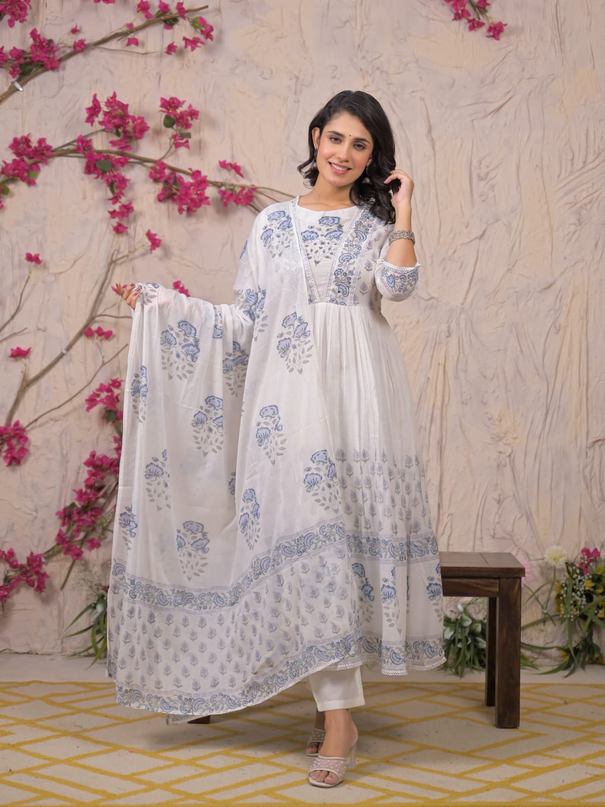 Ethereal Blue Handblock Anarkali Set