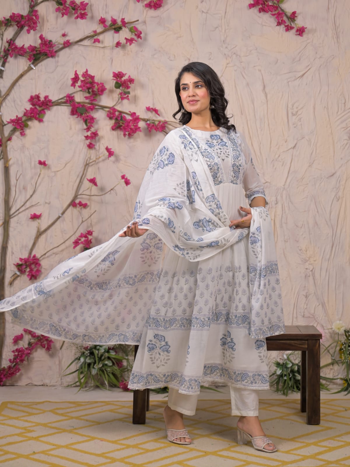 Ethereal Blue Handblock Anarkali Set