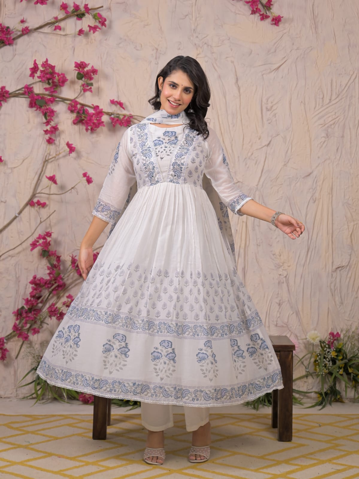 Ethereal Blue Handblock Anarkali Set