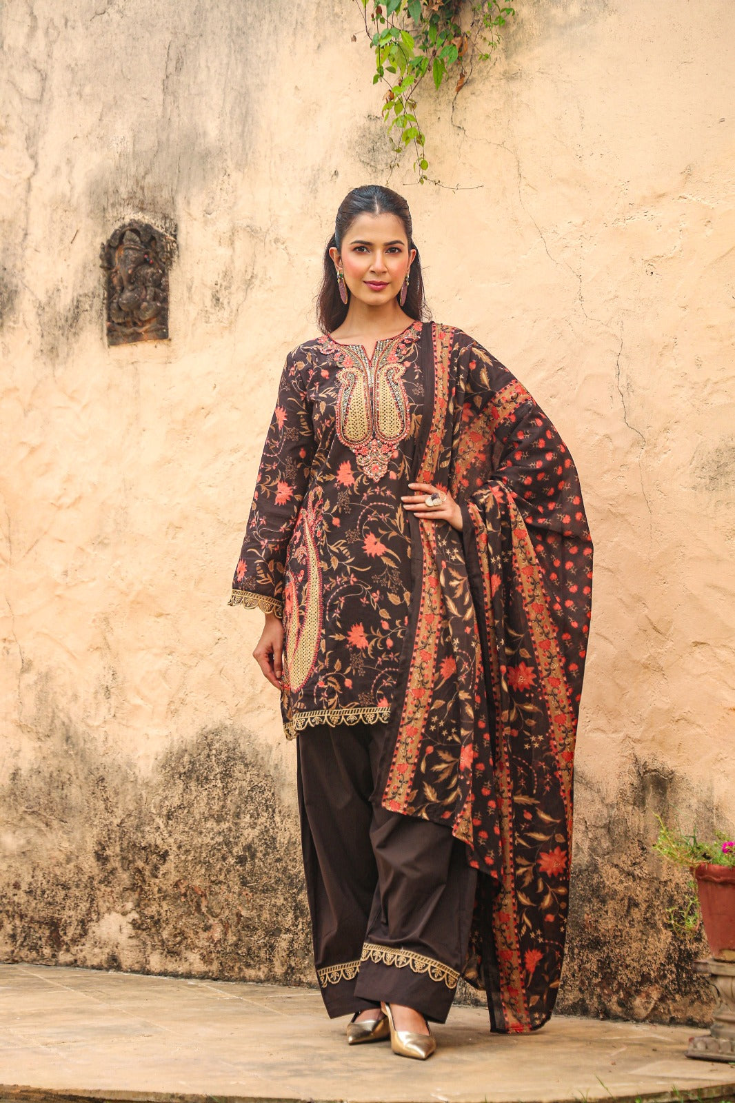 Charcoal Brown Cotton Kurta with Farshi Salwar & Dupatta | 3-Piece Jaipur Set