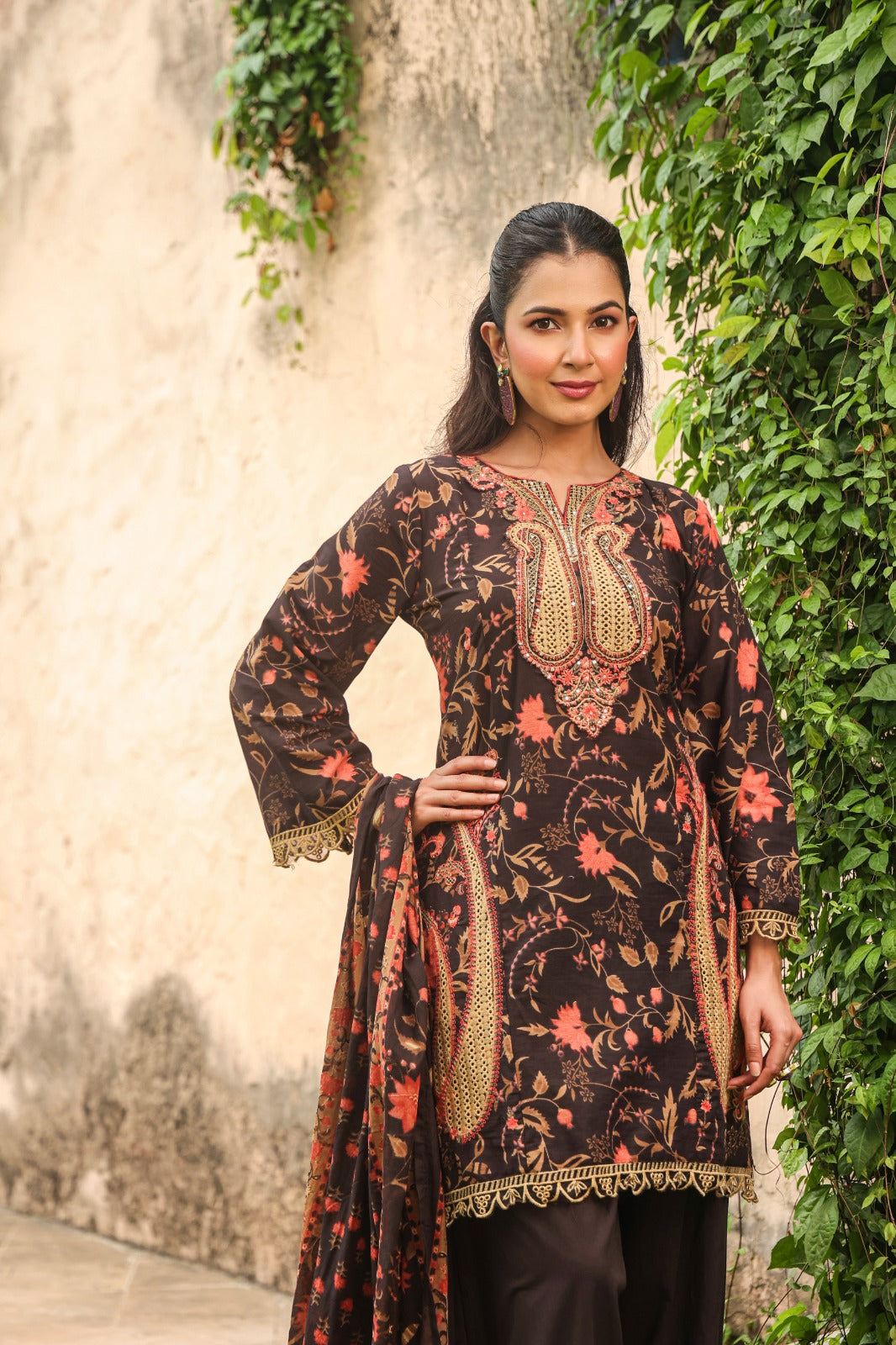 Charcoal Brown Cotton Kurta with Farshi Salwar & Dupatta | 3-Piece Jaipur Set