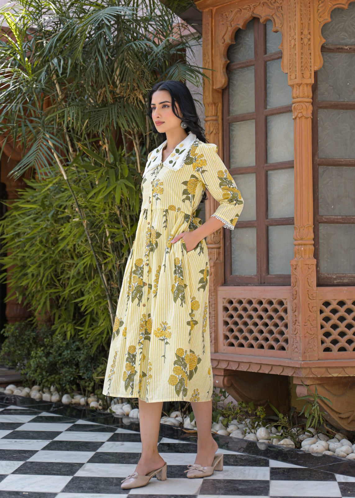 Floral Stripe Cotton Dress | Jaipur Collection