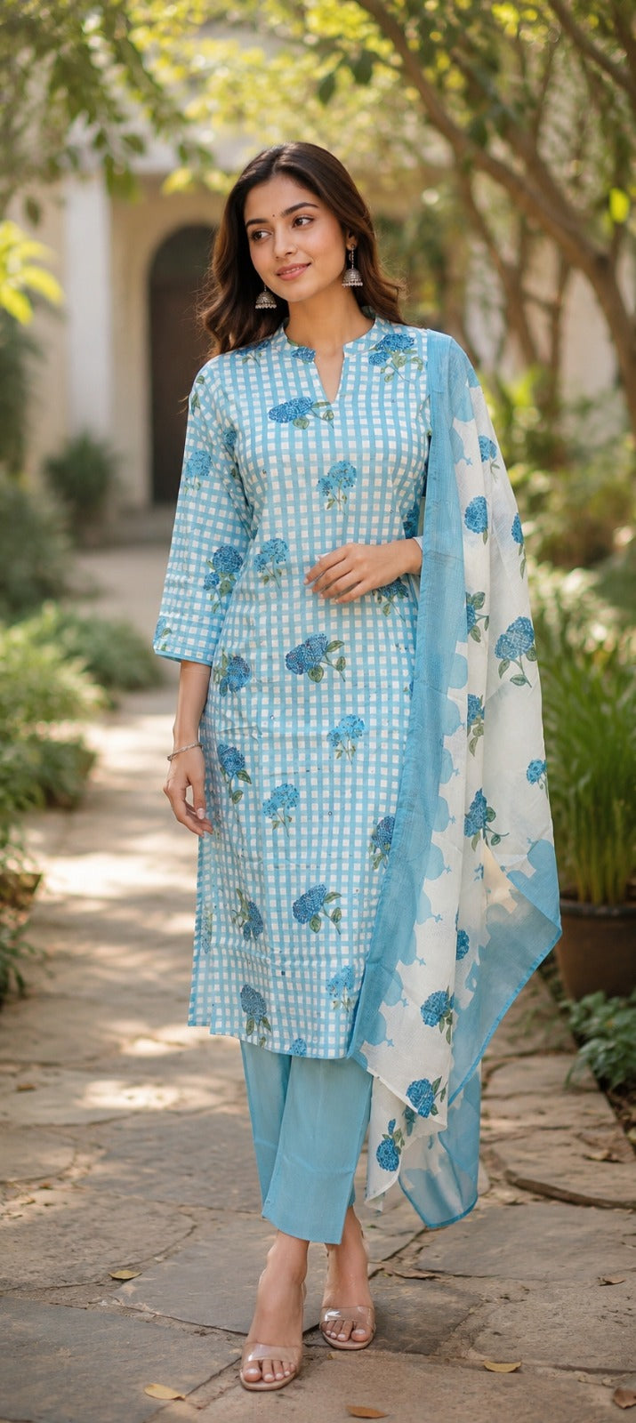 Jaipur Cotton Checks Dupatta Suit with Floral Print – 2 Colours