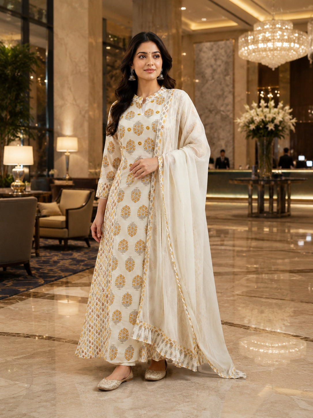 Ivory Ethnic Gown with Dupatta – Elegant Festive Wear