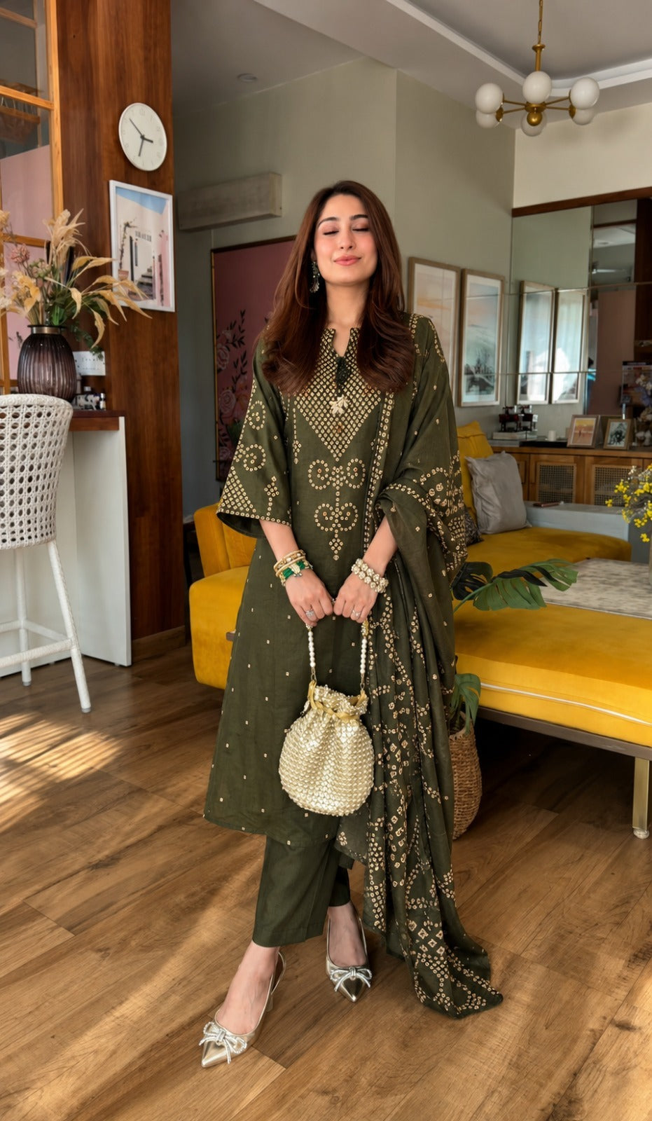 Mehandi Green Bandhani Print Cotton Dupatta Suit Set
