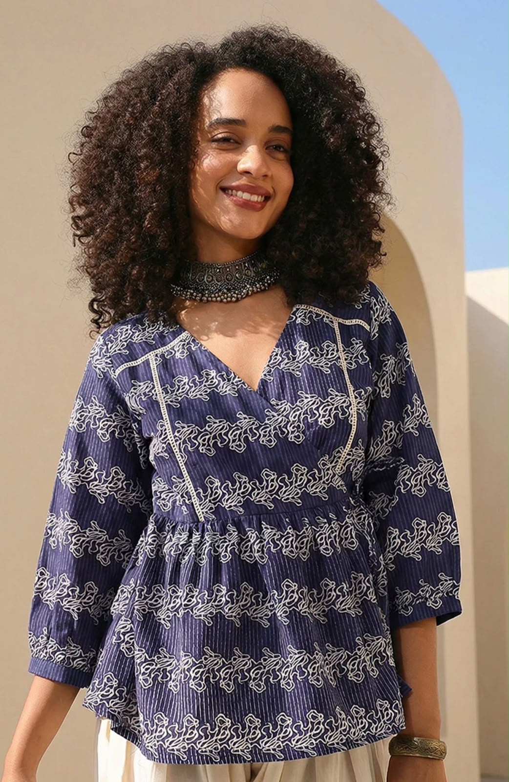 Navy Blue Cotton Angrakha Style Short Kurti