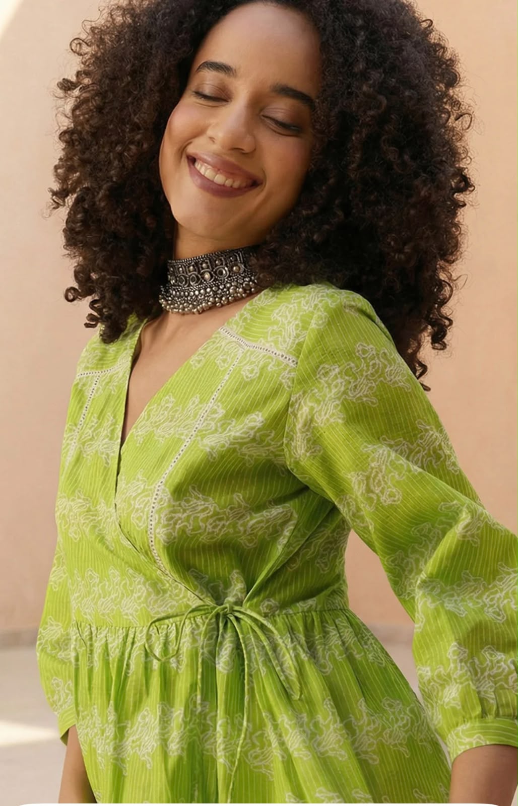 Lime Green Cotton Angrakha Style Short Kurti