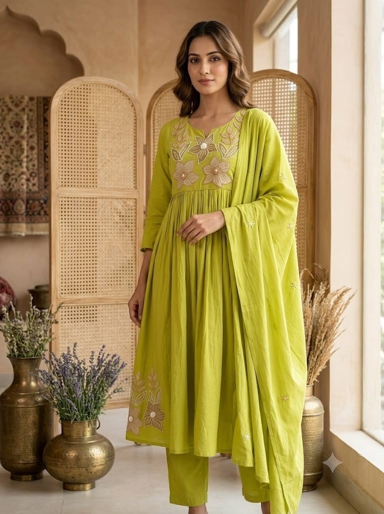 Embroidered Cotton 3-Piece Suit Set with Dupatta – Brown & Lime Green