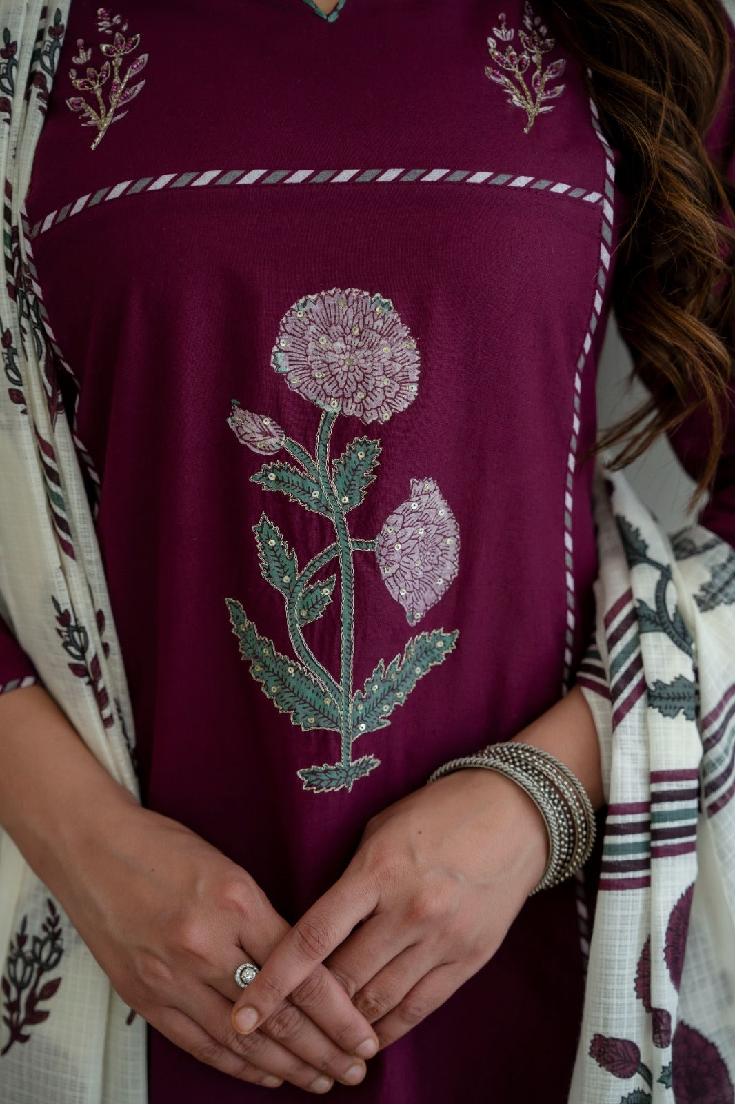 Wine Cotton 3-Piece Block Print Suit Set with Printed Dupatta