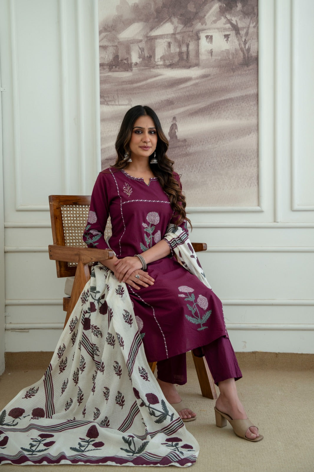 Wine Cotton 3-Piece Block Print Suit Set with Printed Dupatta