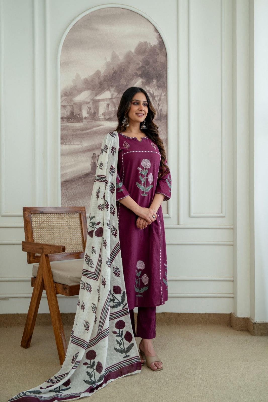 Wine Cotton 3-Piece Block Print Suit Set with Printed Dupatta