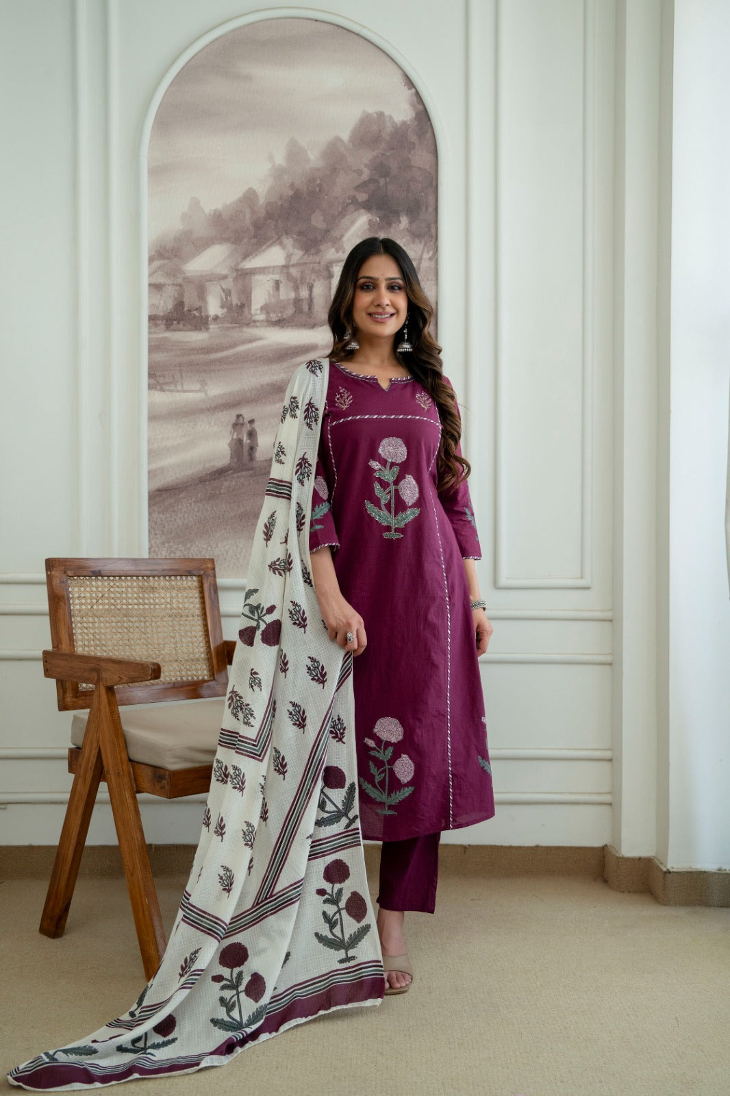 Wine Cotton 3-Piece Block Print Suit Set with Printed Dupatta