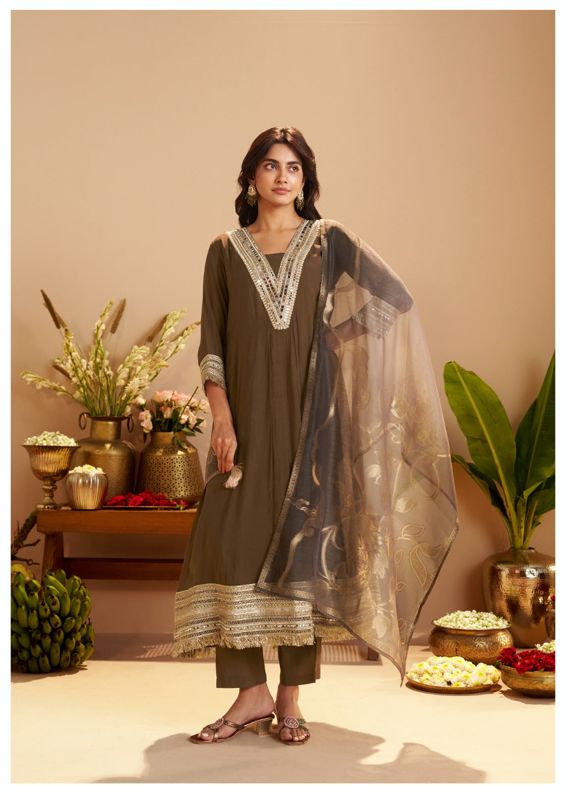 Mocha Elegance Embroidered Kurta Set with Organza Dupatta