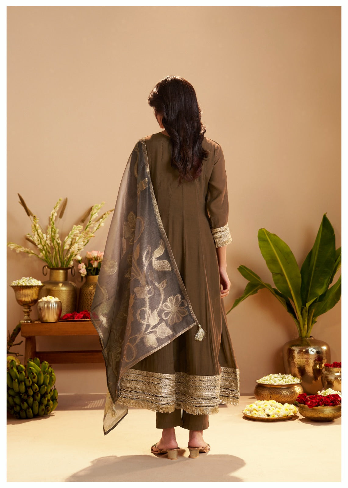 Mocha Elegance Embroidered Kurta Set with Organza Dupatta
