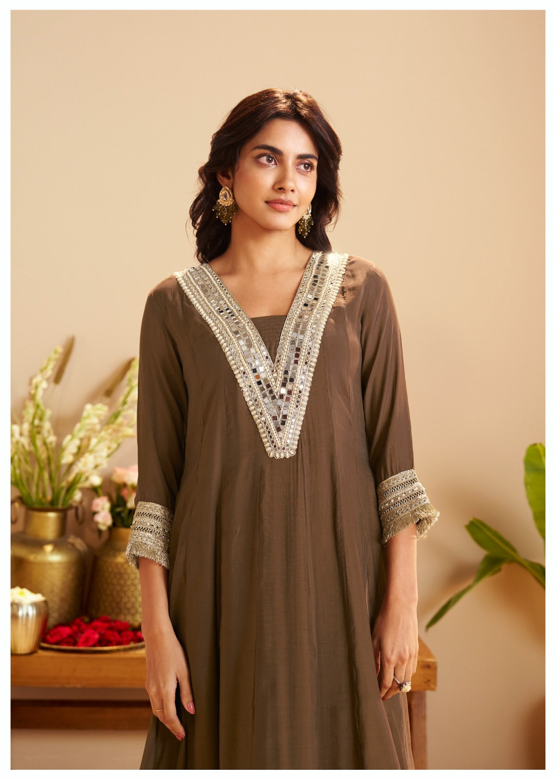 Mocha Elegance Embroidered Kurta Set with Organza Dupatta