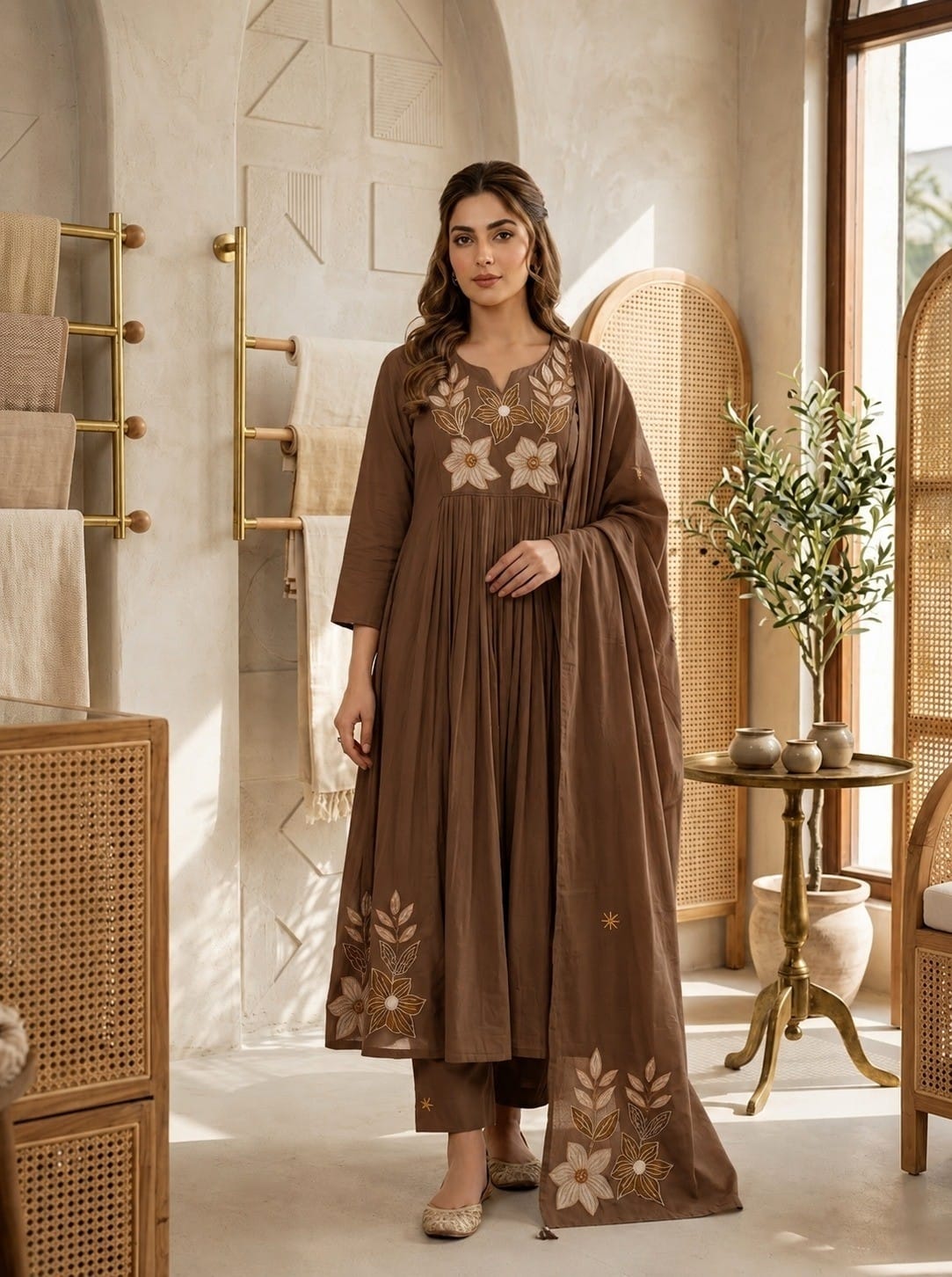 Embroidered Cotton 3-Piece Suit Set with Dupatta β Brown & Lime Green