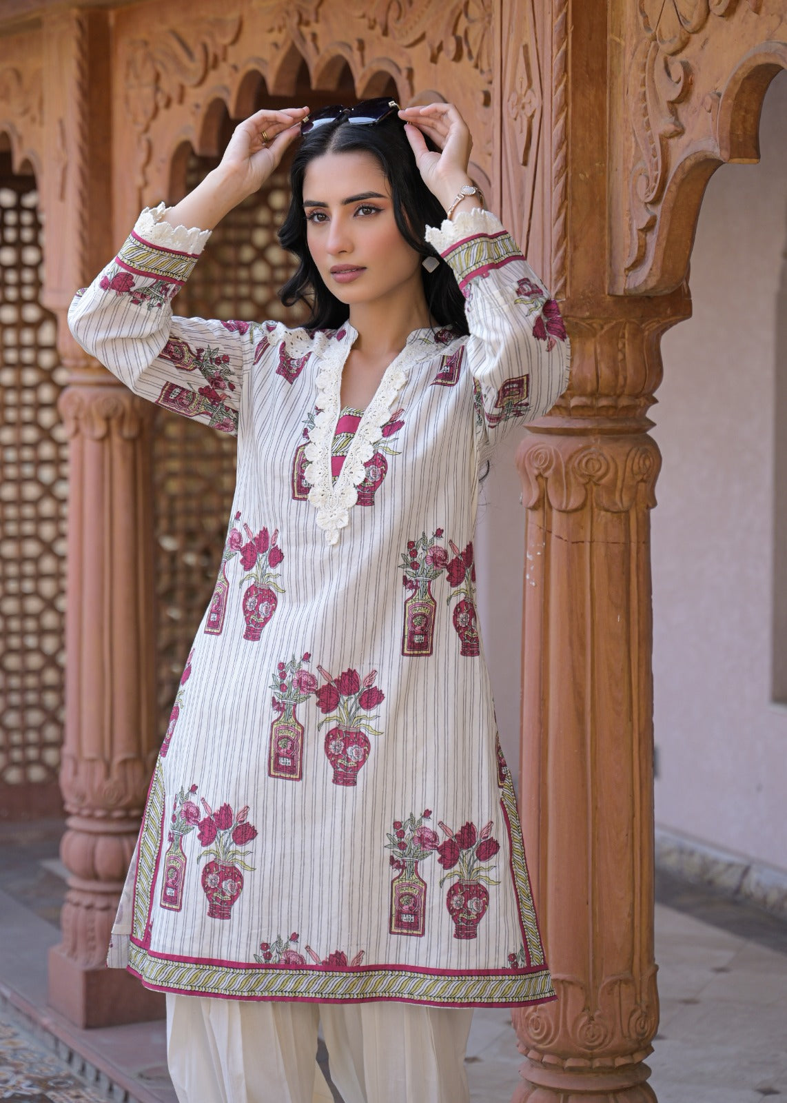 Off-White Cotton Block Print Kurta with Farshi Pant Set