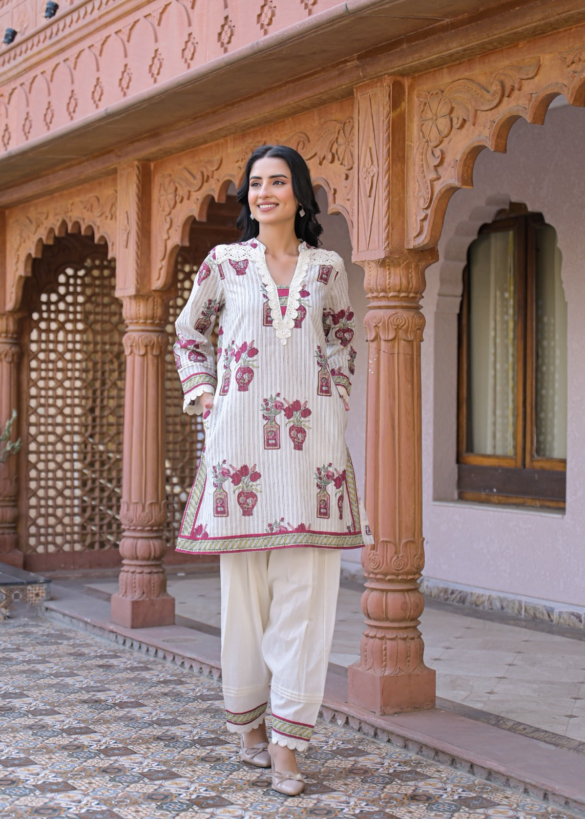 Off-White Cotton Block Print Kurta with Farshi Pant Set