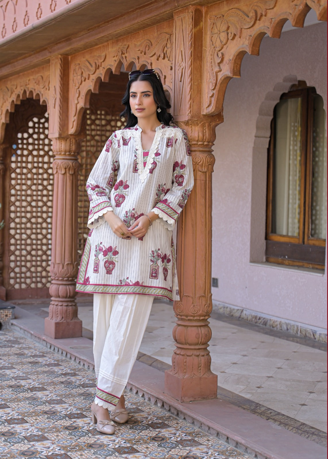 Off-White Cotton Block Print Kurta with Farshi Pant Set