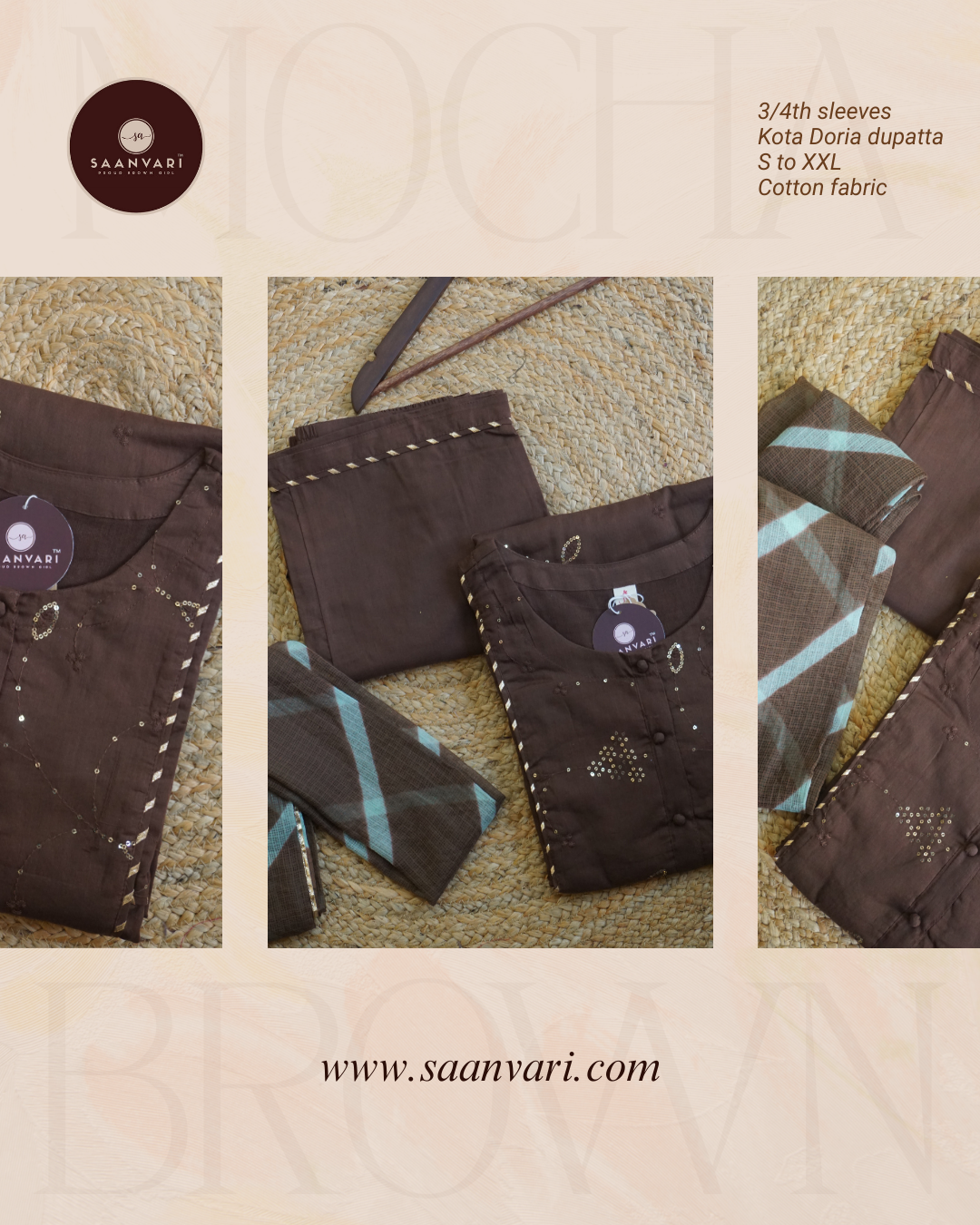 Coffee Brown Kota Doria Dupatta Suit Set (Set of 3)