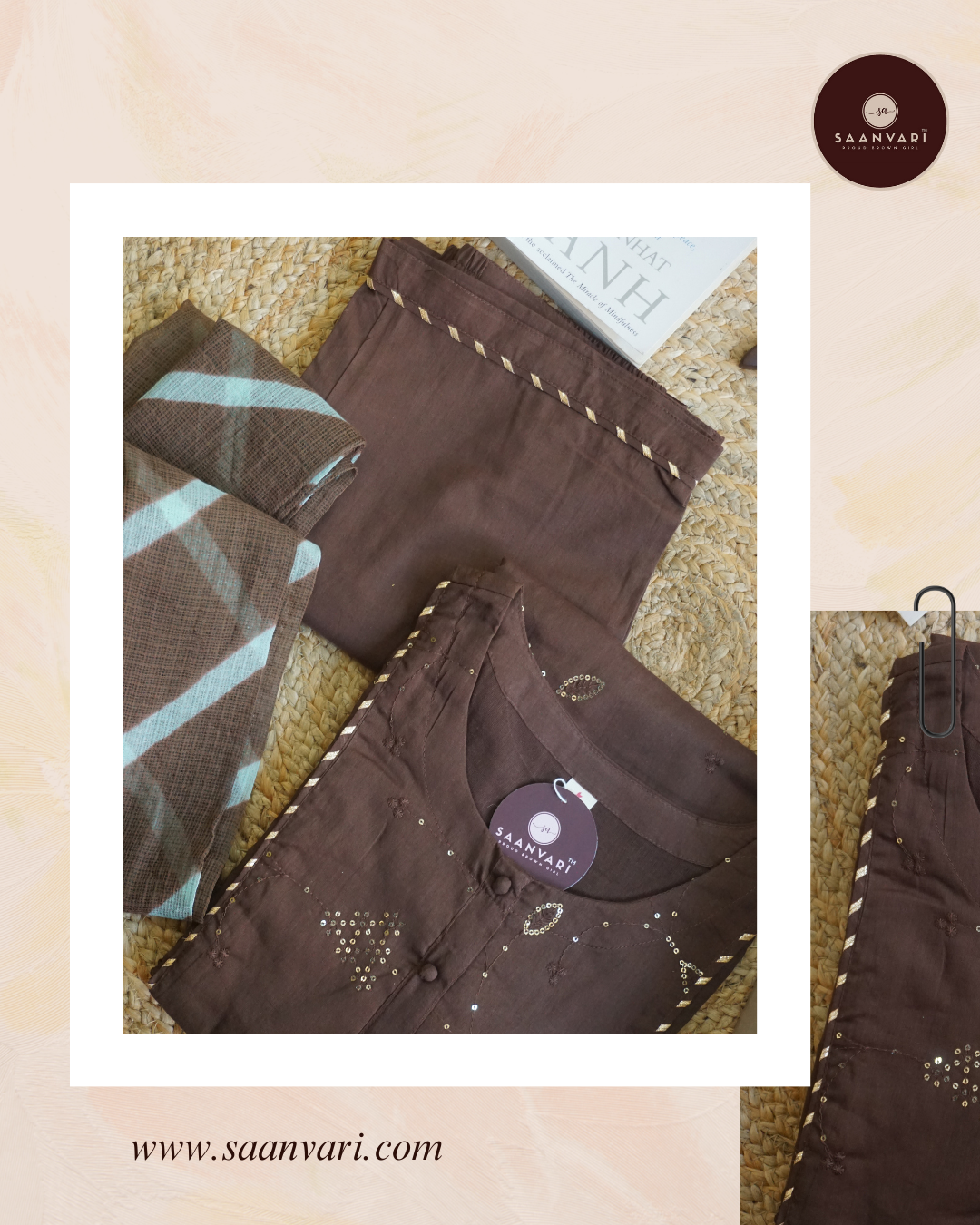 Coffee Brown Kota Doria Dupatta Suit Set (Set of 3)