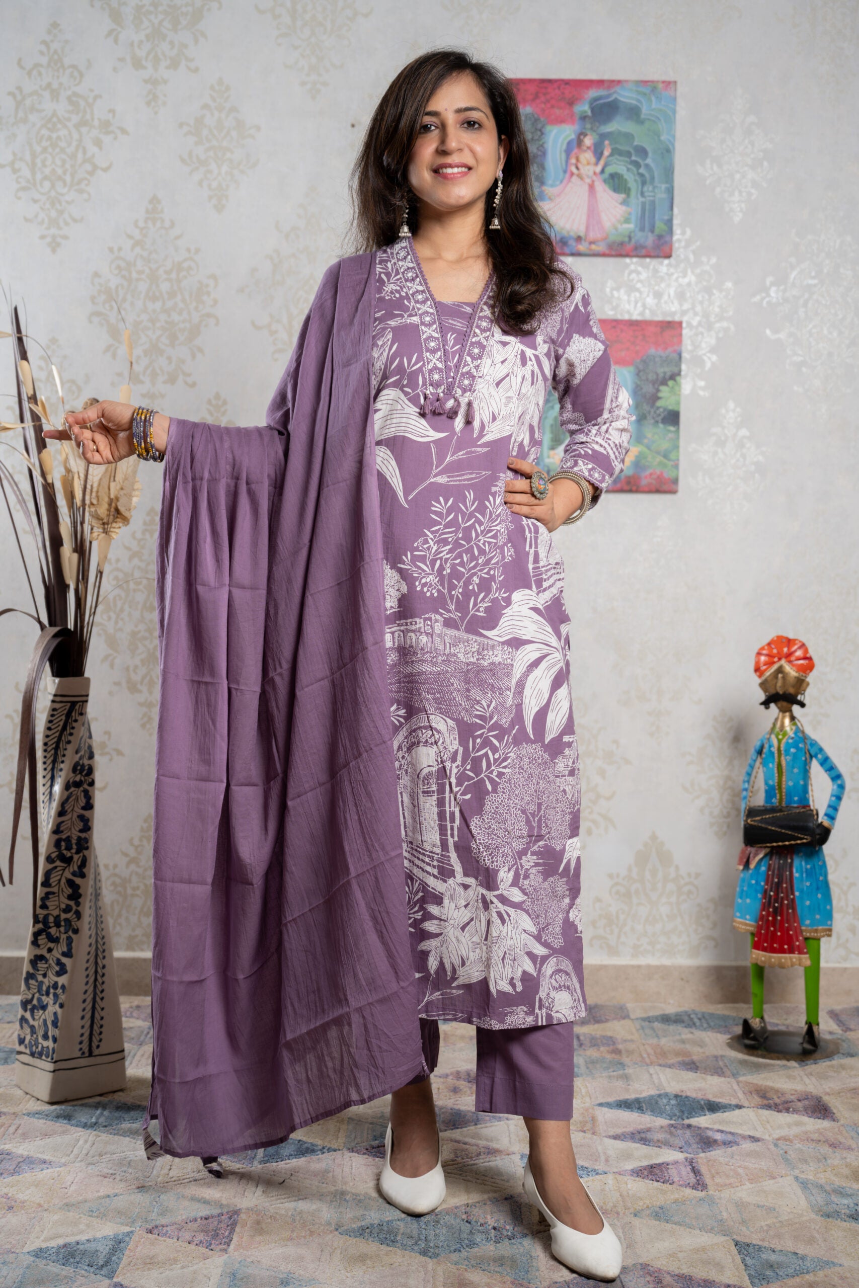 Purple Hues – Handblock Printed Cotton Dupatta Suit Set