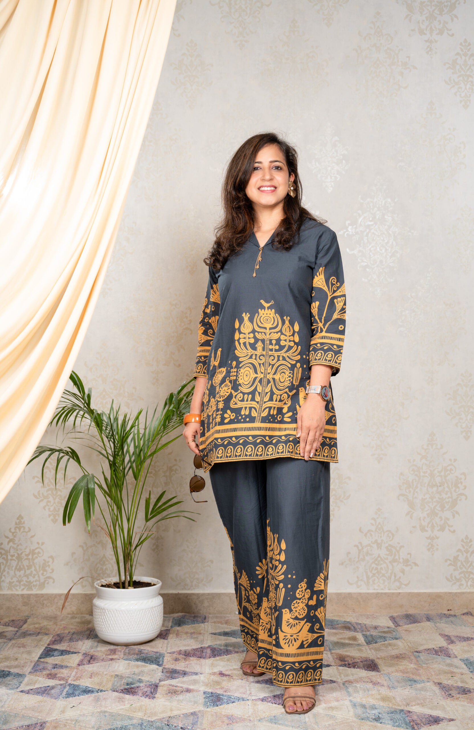 Golden Dusk – Charcoal Coord Set with Mustard Tribal Print