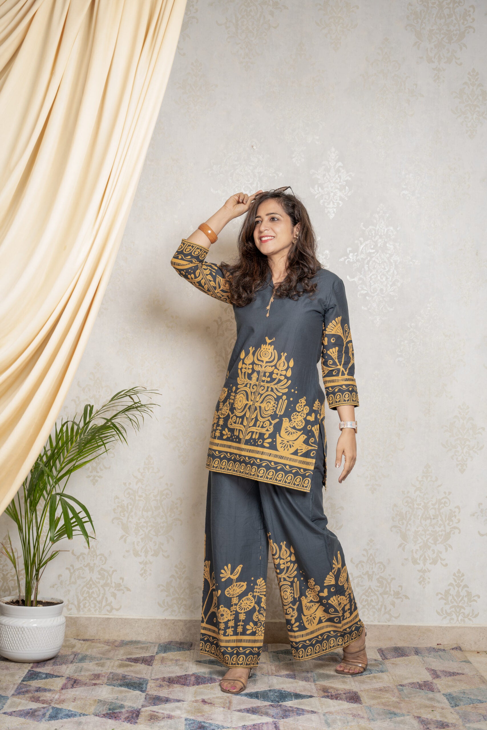 Golden Dusk – Charcoal Coord Set with Mustard Tribal Print