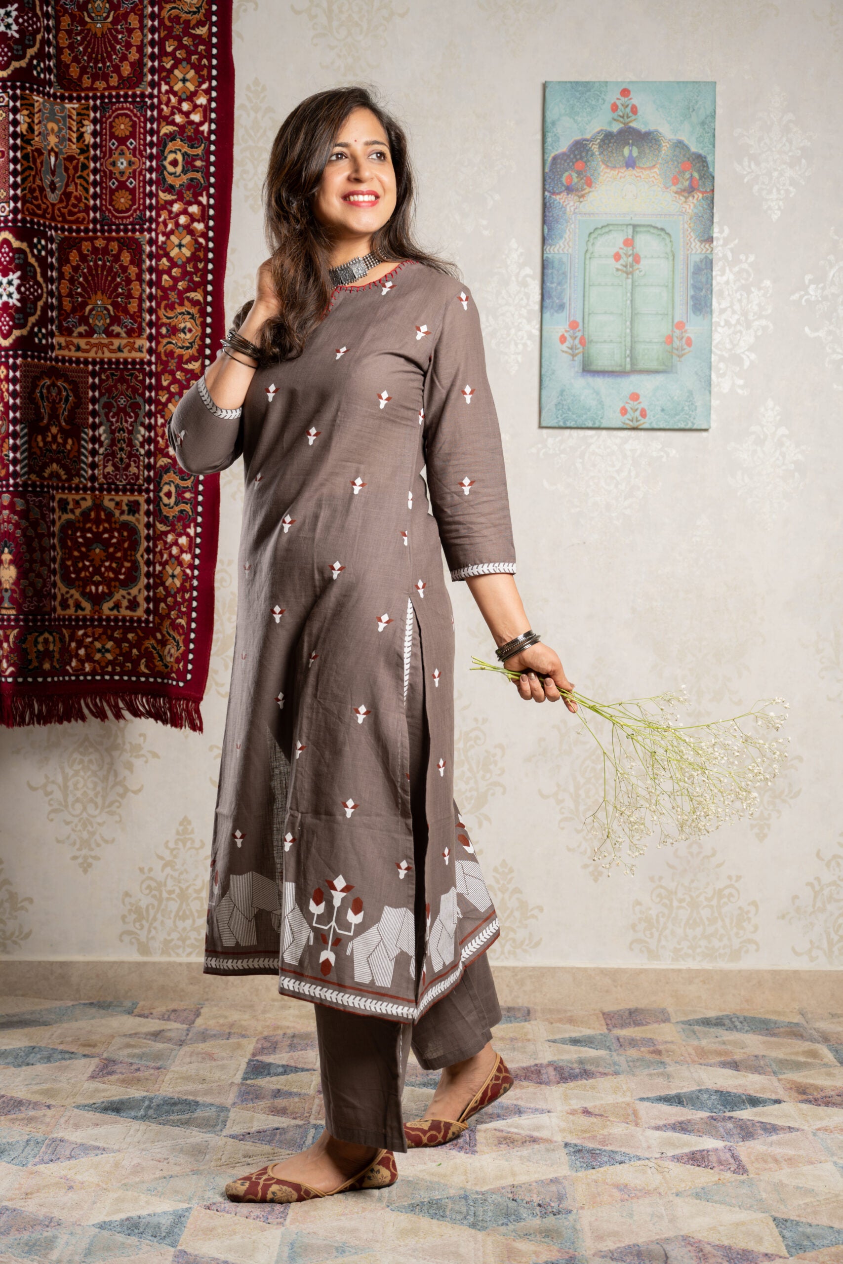 Earthy Hue – Taupe Cotton Coord Set with Elephant Border