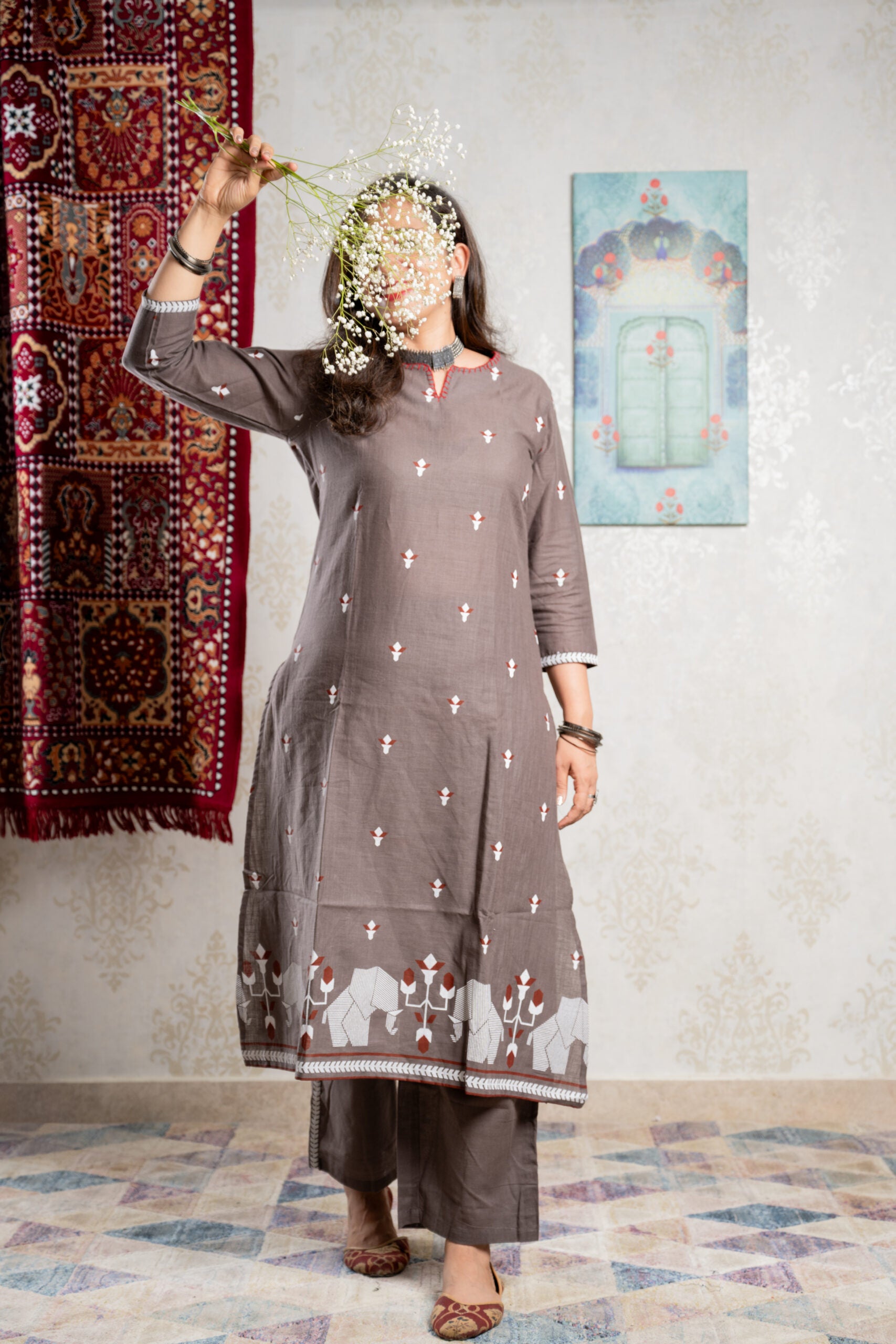 Earthy Hue – Taupe Cotton Coord Set with Elephant Border