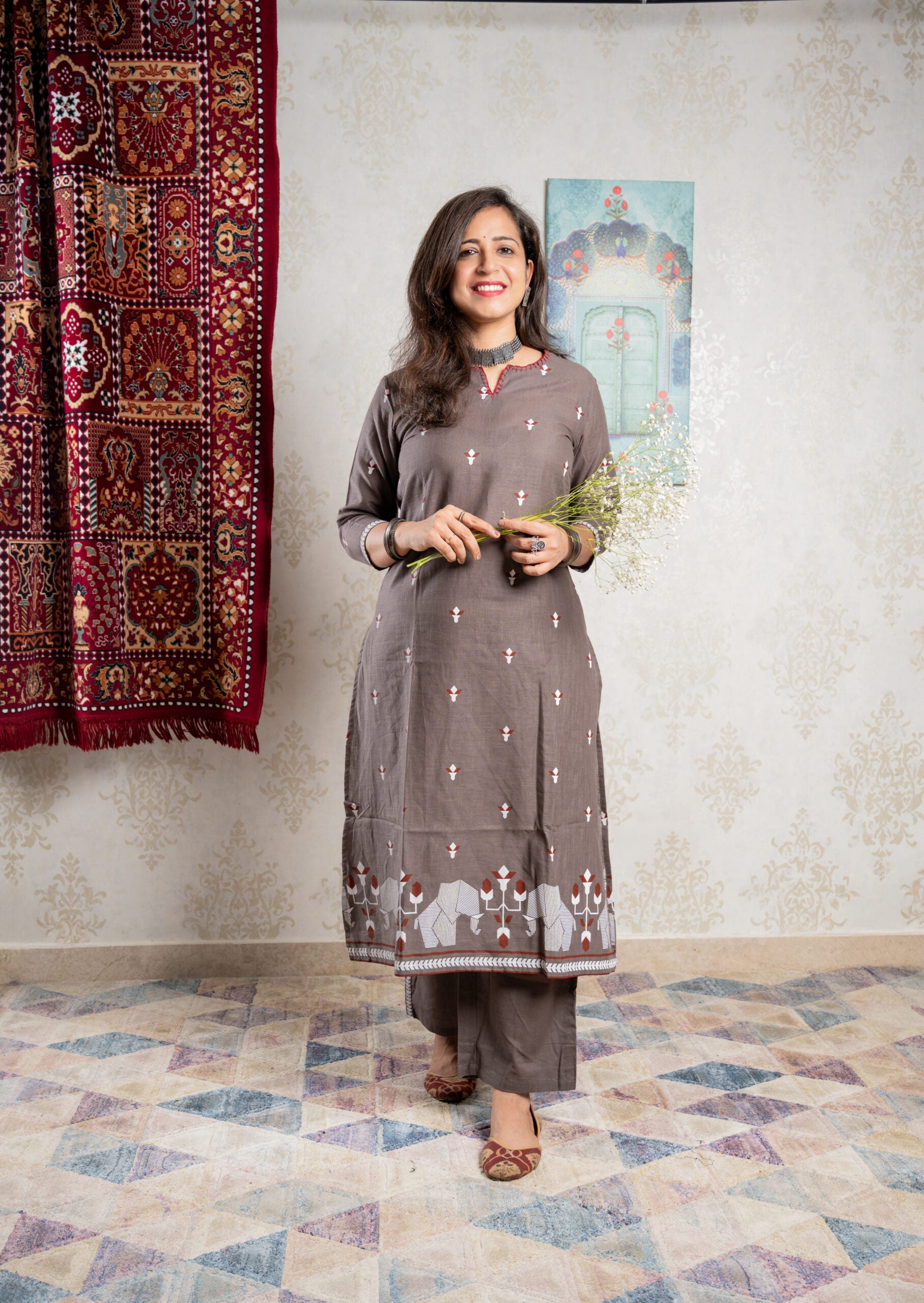 Earthy Hue – Taupe Cotton Coord Set with Elephant Border