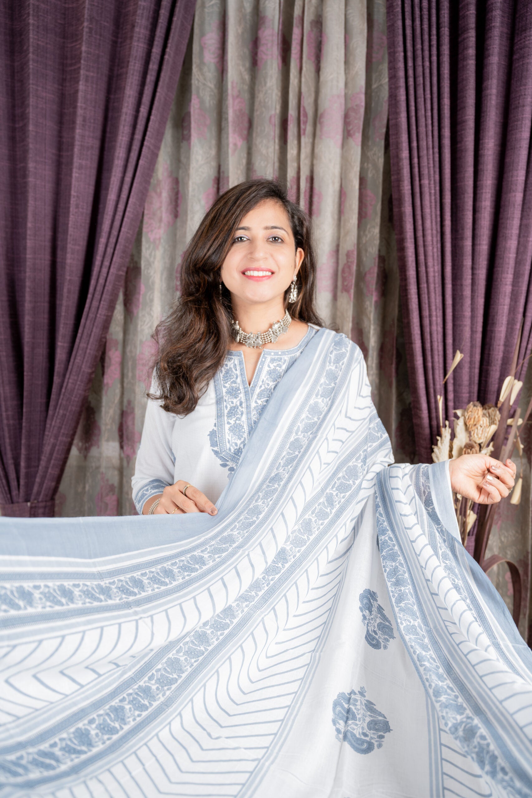 Saleti – Hand Block Printed Cotton Suit Set in Slate Grey