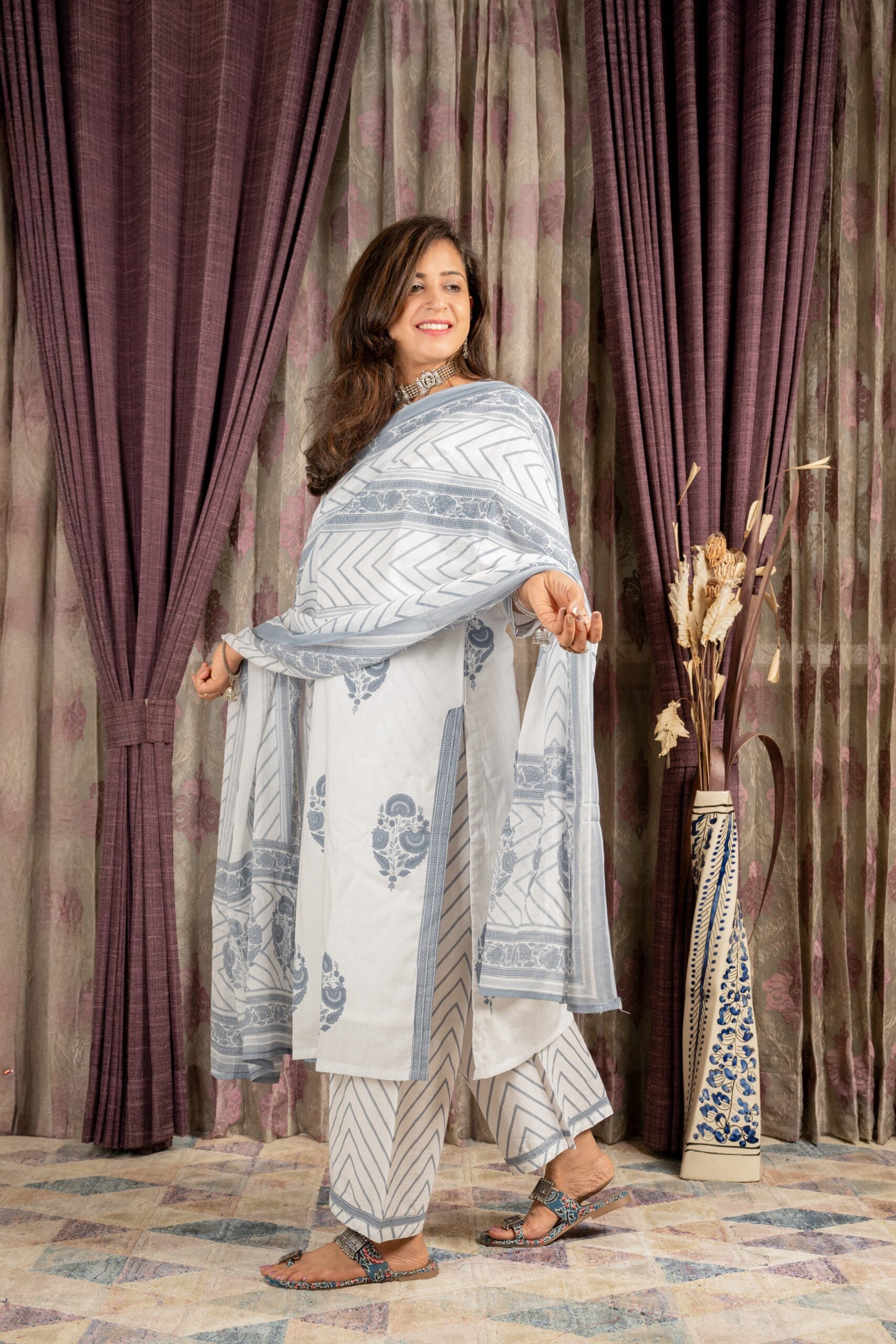 Saleti – Hand Block Printed Cotton Suit Set in Slate Grey