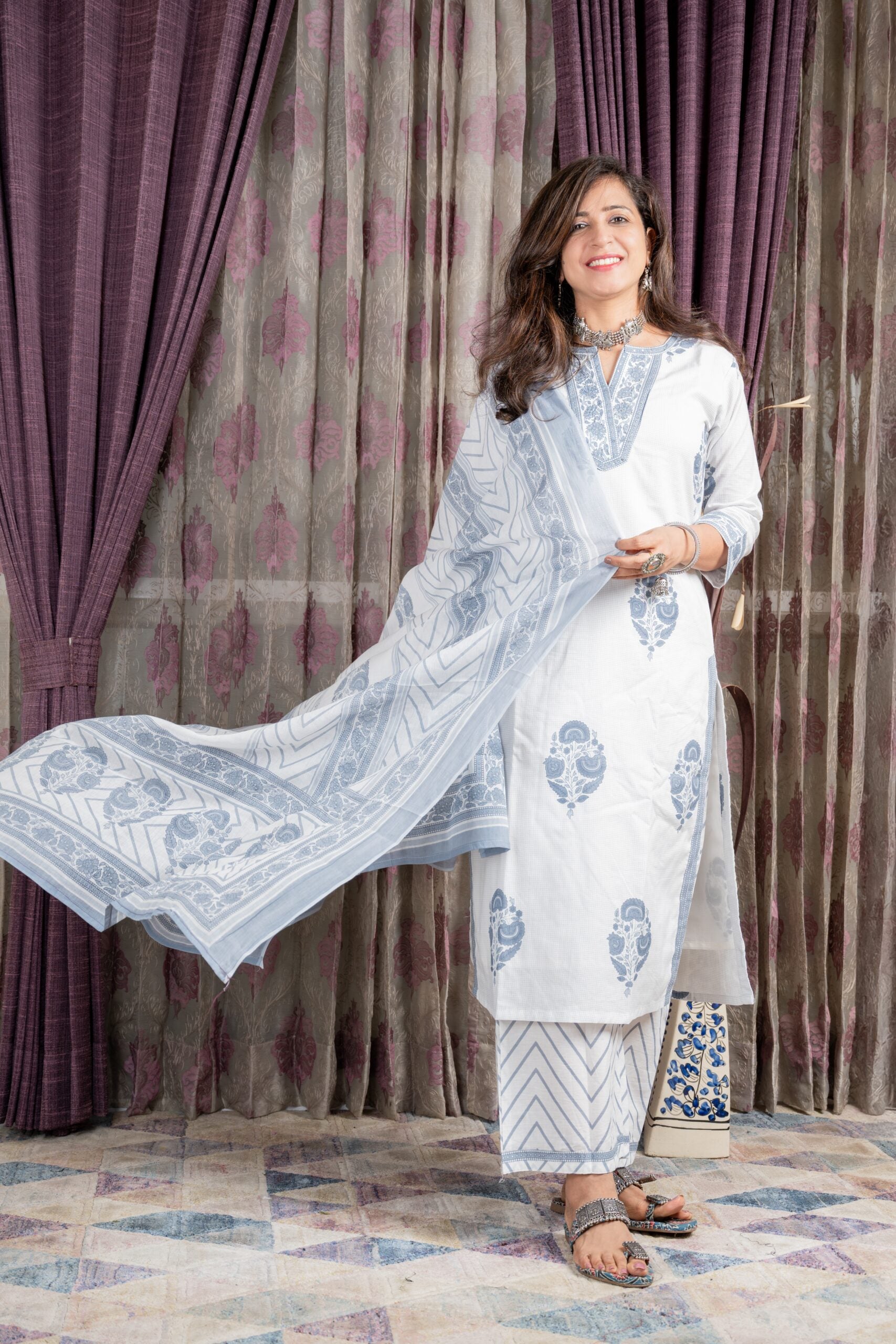 Saleti – Hand Block Printed Cotton Suit Set in Slate Grey