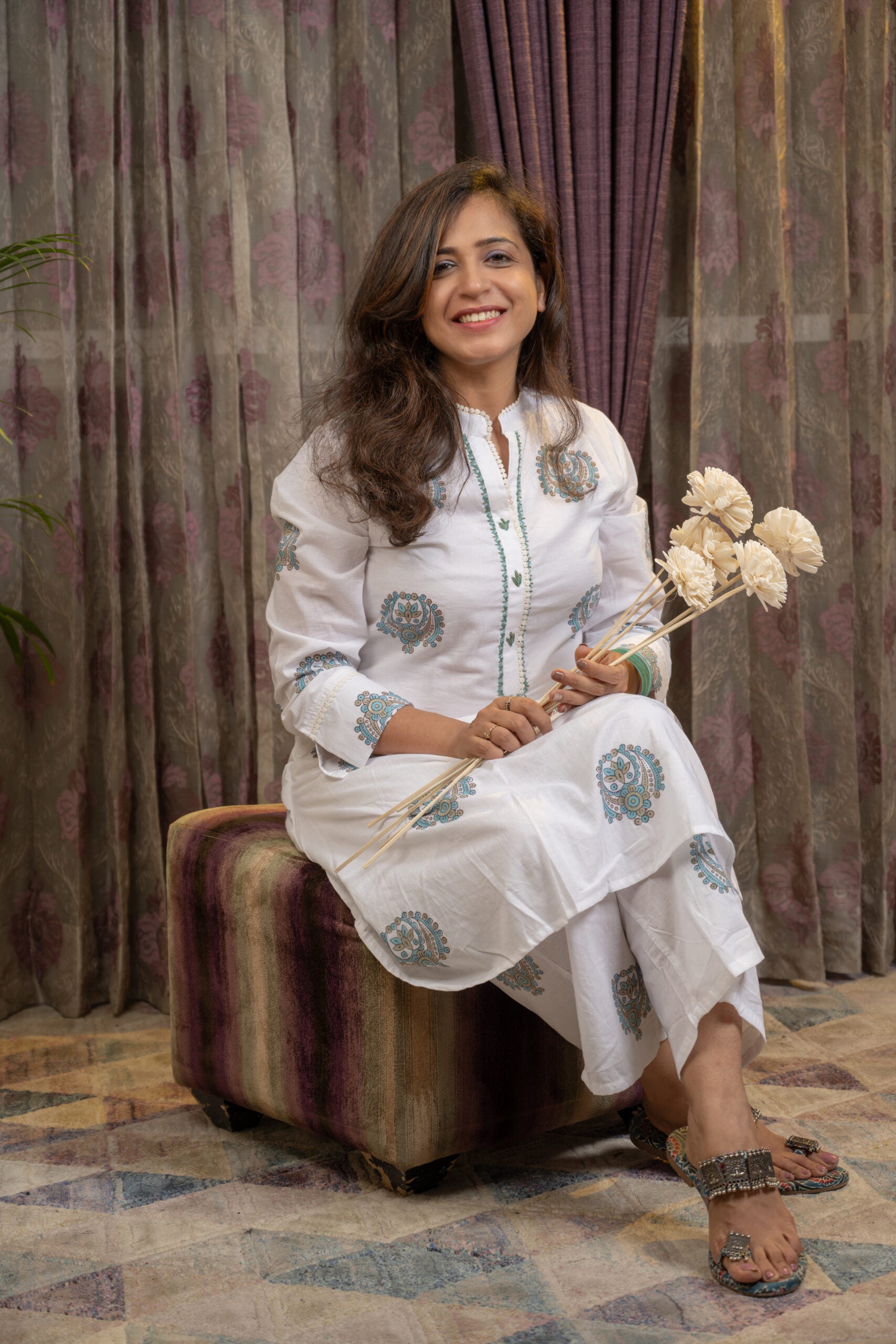 Sitara – White Cotton Kurta Set with Teal Mandala Print