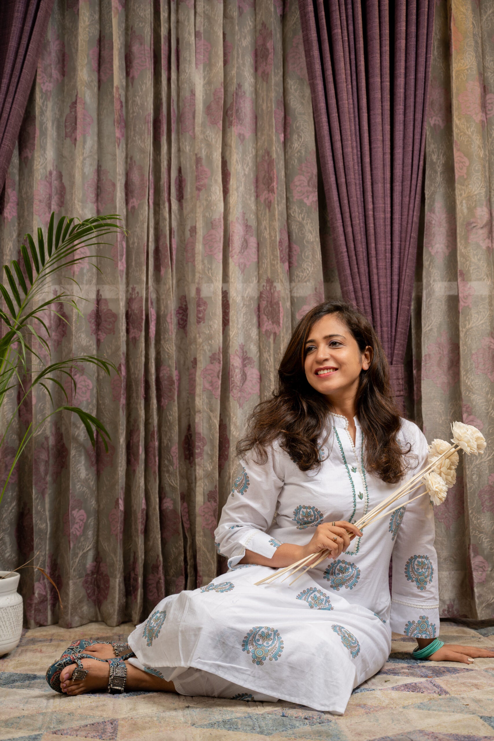 Sitara – White Cotton Kurta Set with Teal Mandala Print