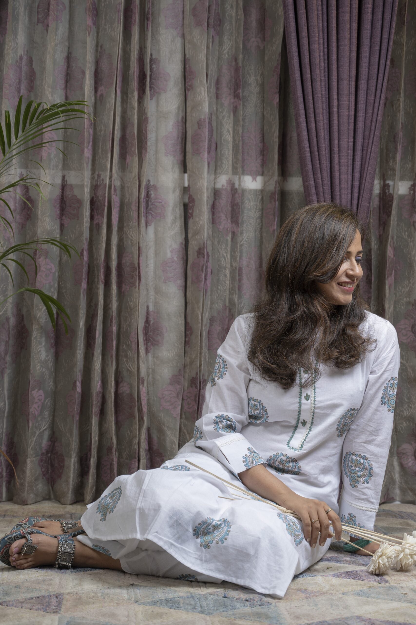 Sitara – White Cotton Kurta Set with Teal Mandala Print