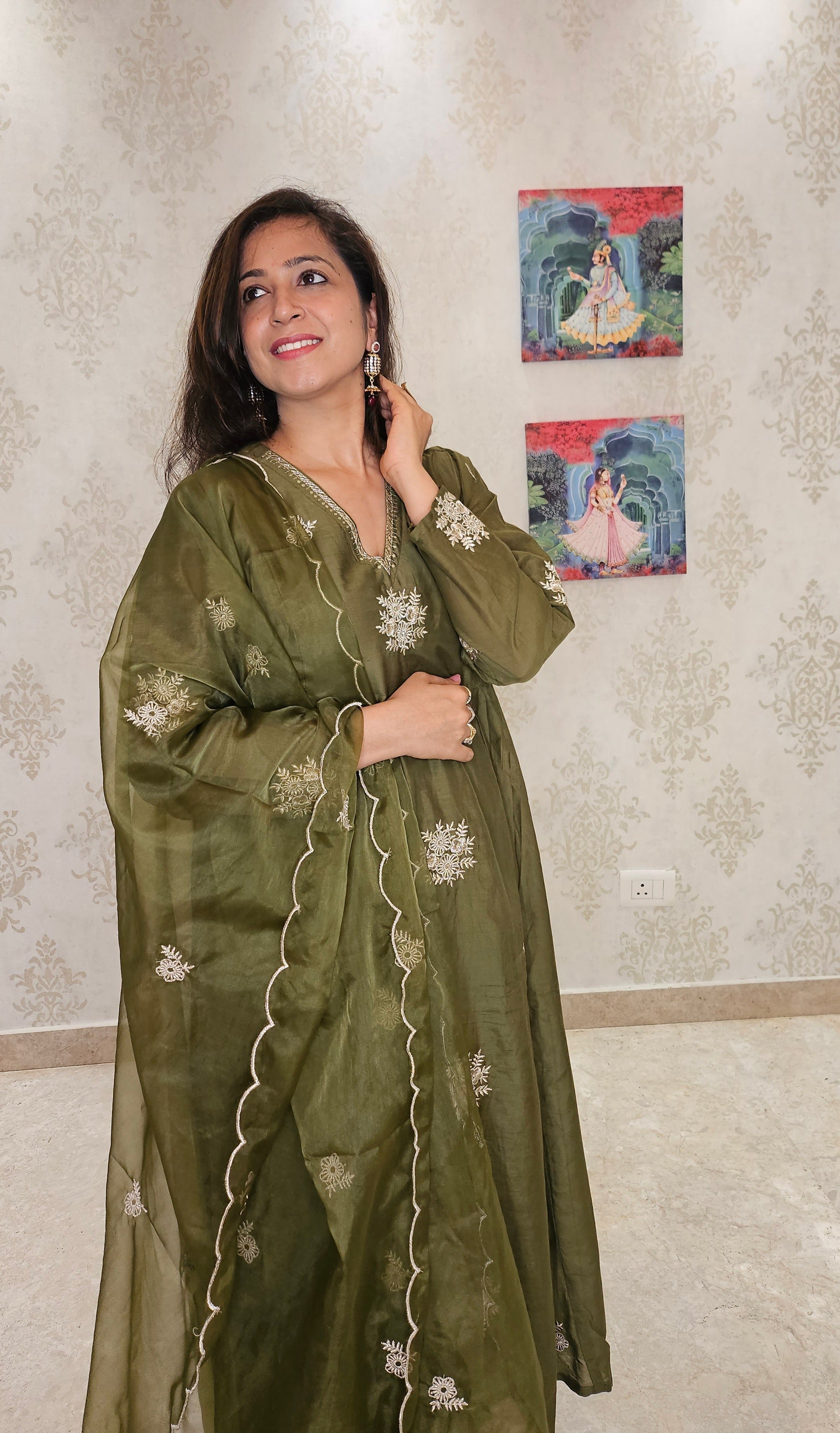 Olive Elegance Silk Suit Set with Embroidered Organza Dupatta