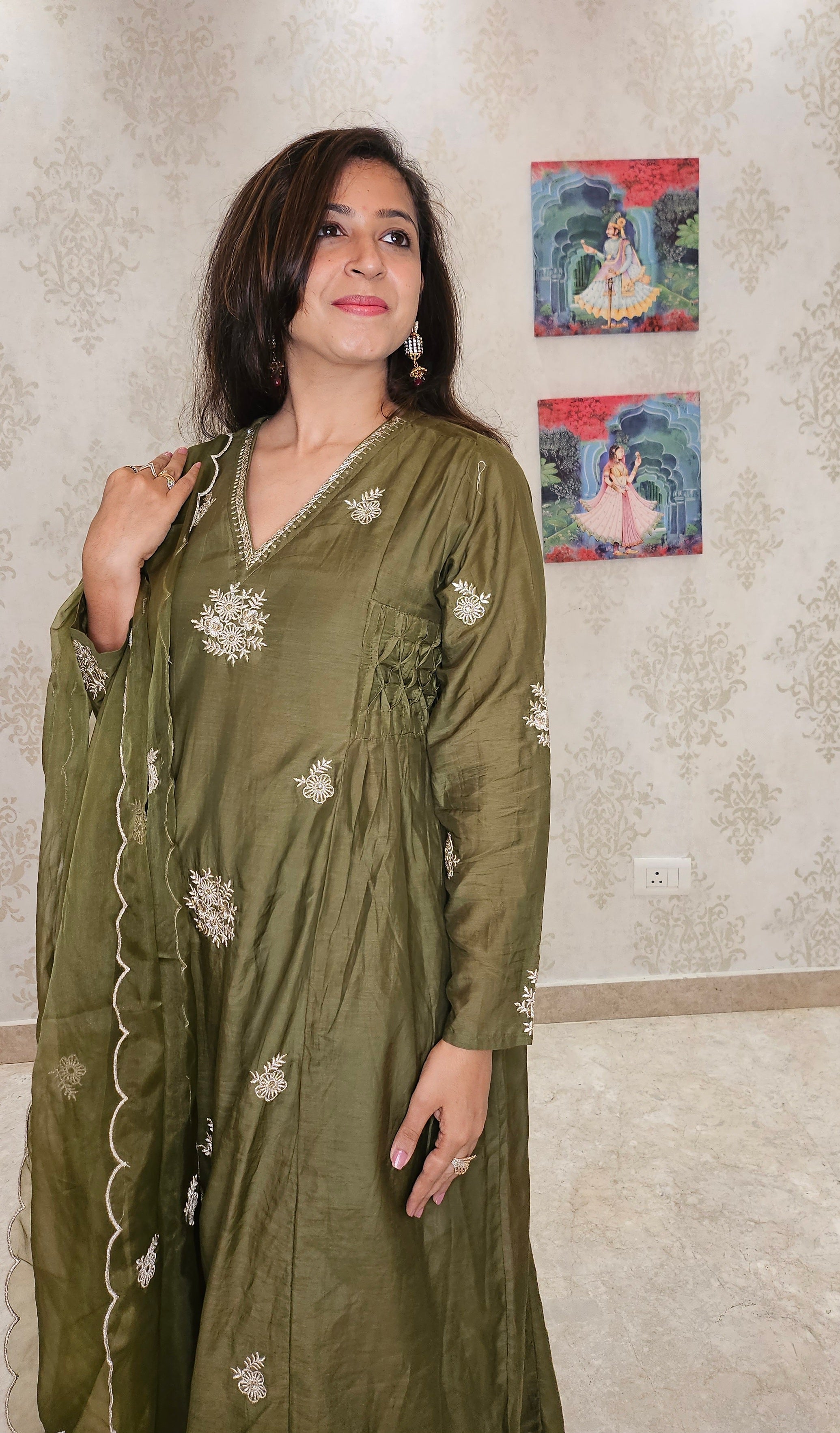 Olive Elegance Silk Suit Set with Embroidered Organza Dupatta
