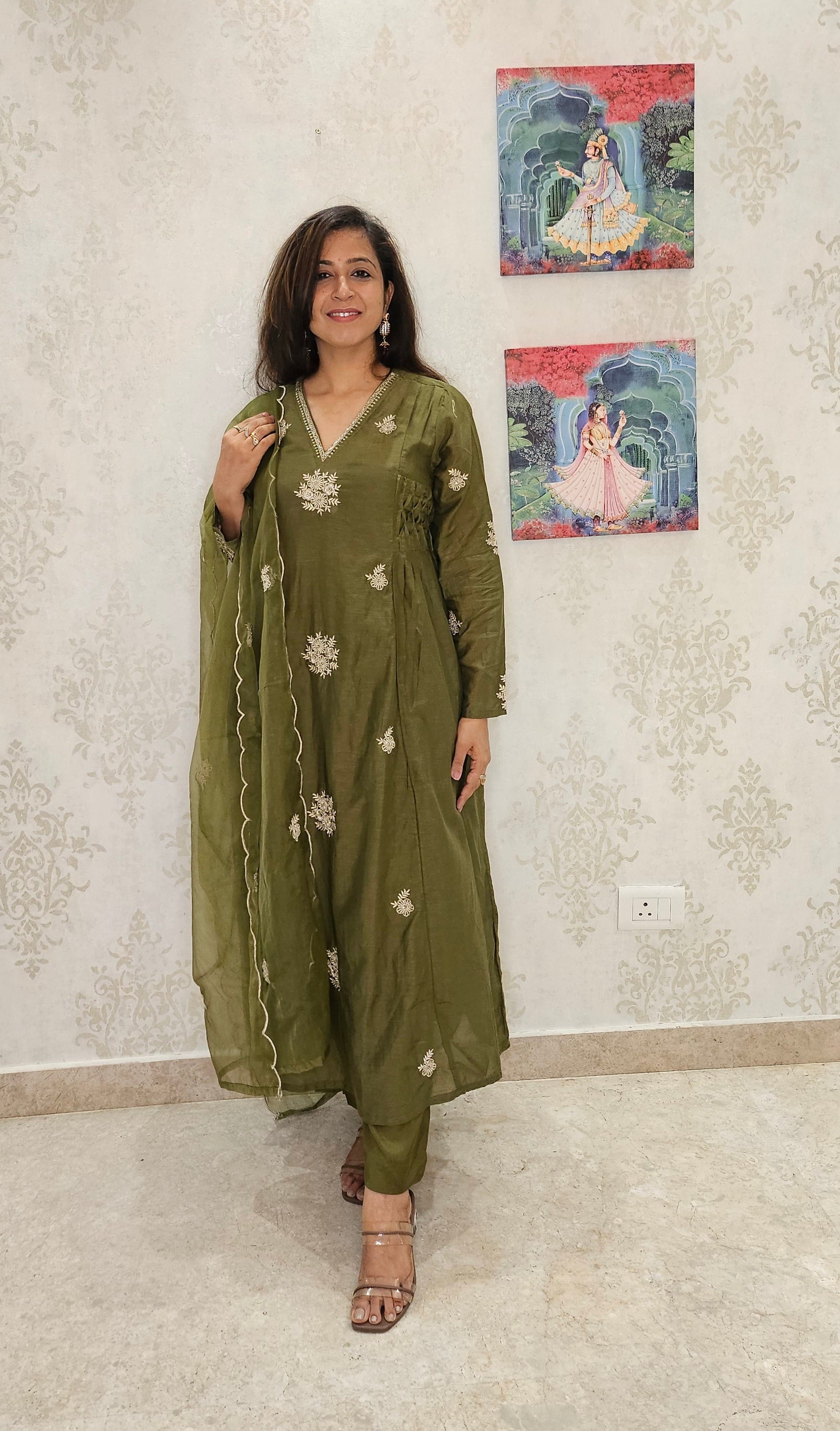Olive Elegance Silk Suit Set with Embroidered Organza Dupatta