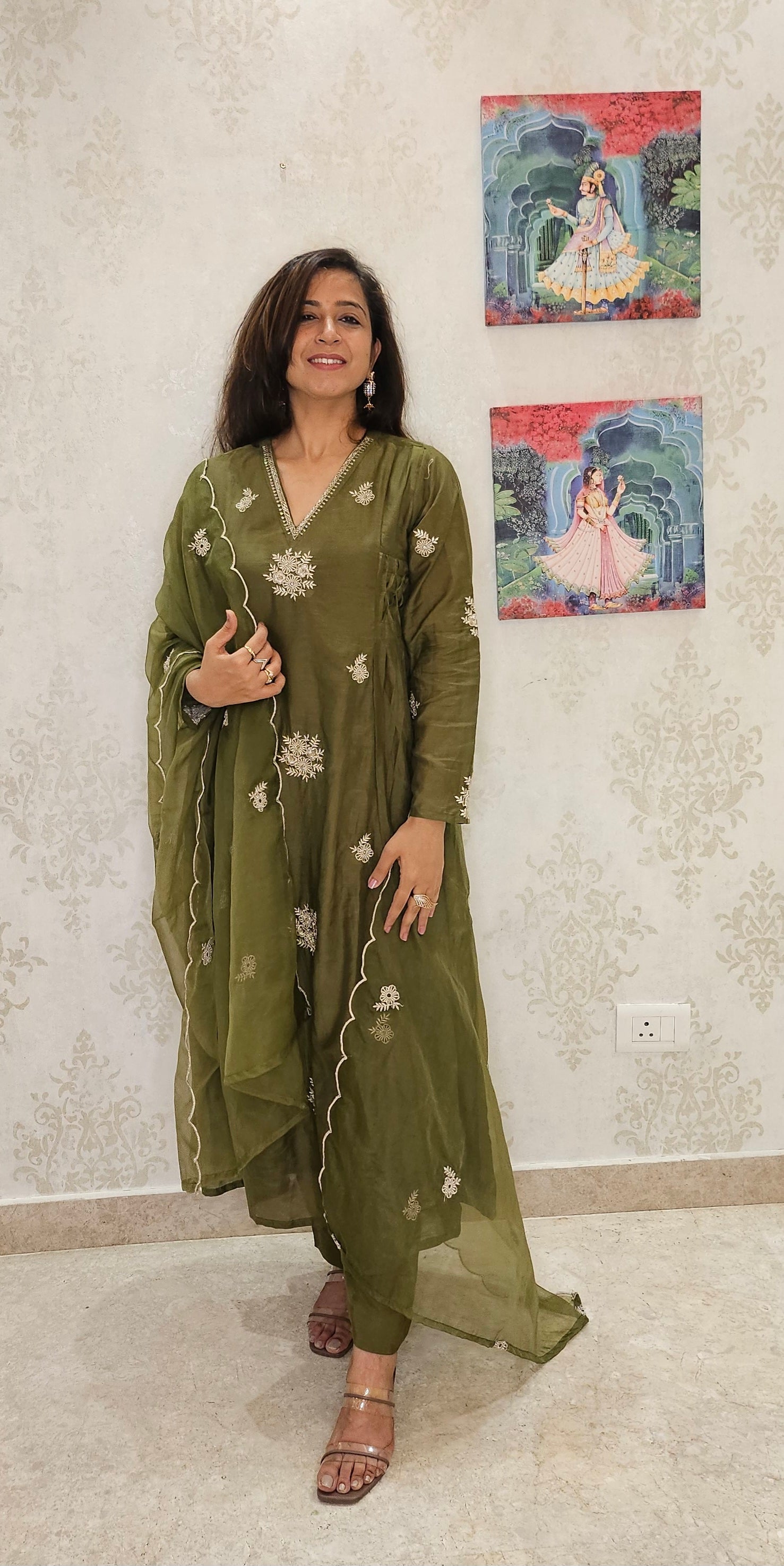 Olive Elegance Silk Suit Set with Embroidered Organza Dupatta